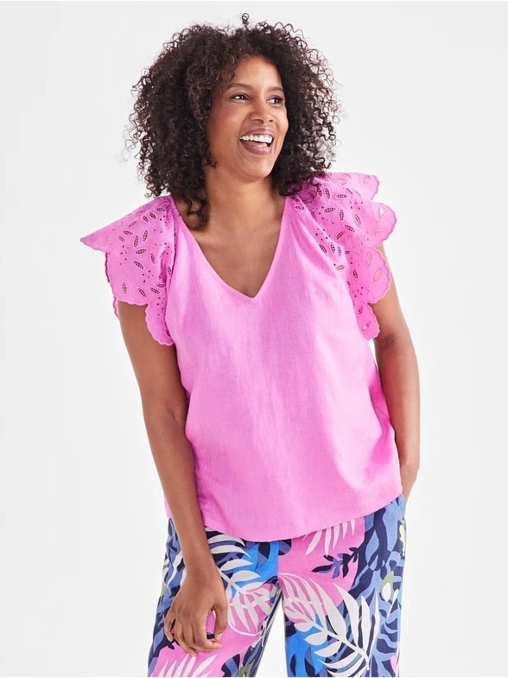 Charter club 100% linen flutter eyelet sleeve blouse